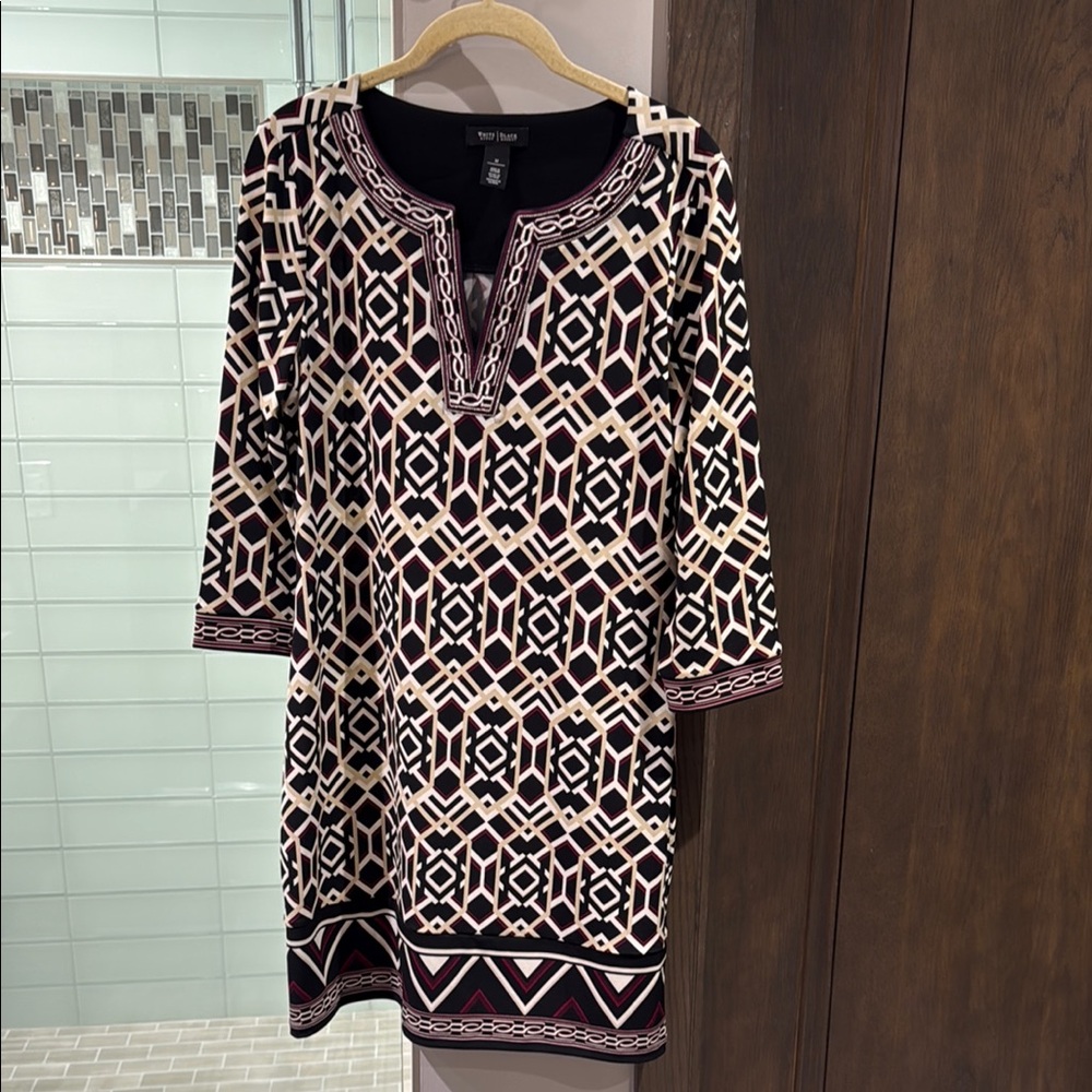White House Black Market Black and Cream Patterned Mini Dress